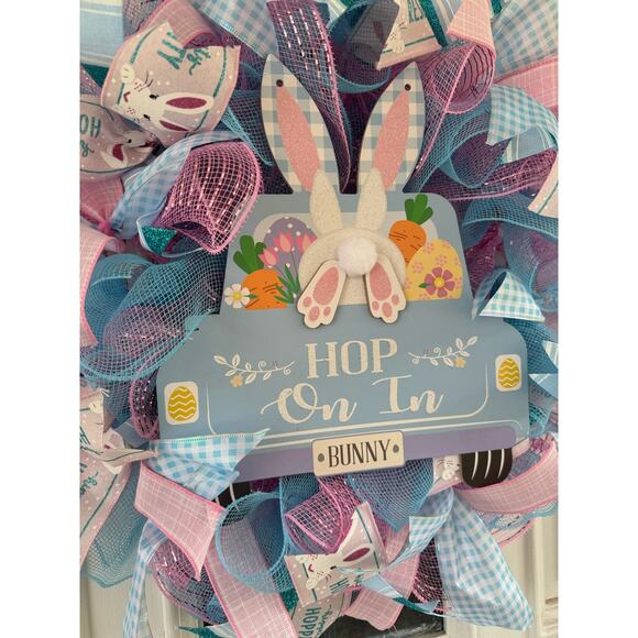 Handcrafted "Hop On In" Bunny Wreath - Easter/Spring Decor, Pastel Colors - Picture 2 of 9